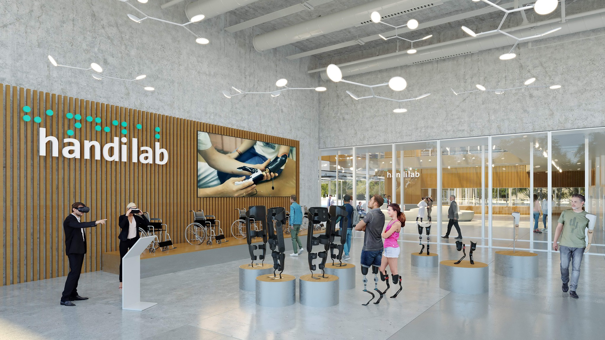 Photo panoramique du hall du Handilab avec des personnes porteuses de handicap examinant des innovations technologiques.