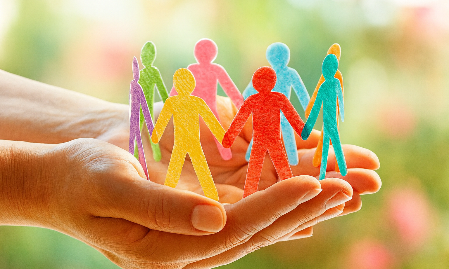 Illustration de mains ouvertes tenant une ribambelle en papier de silhouettes humaines de toutes les couleurs